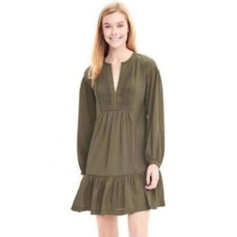 Banana Republic Babydoll Mini Dress Cottage Prarie Olive Green Long Sleeve Tier